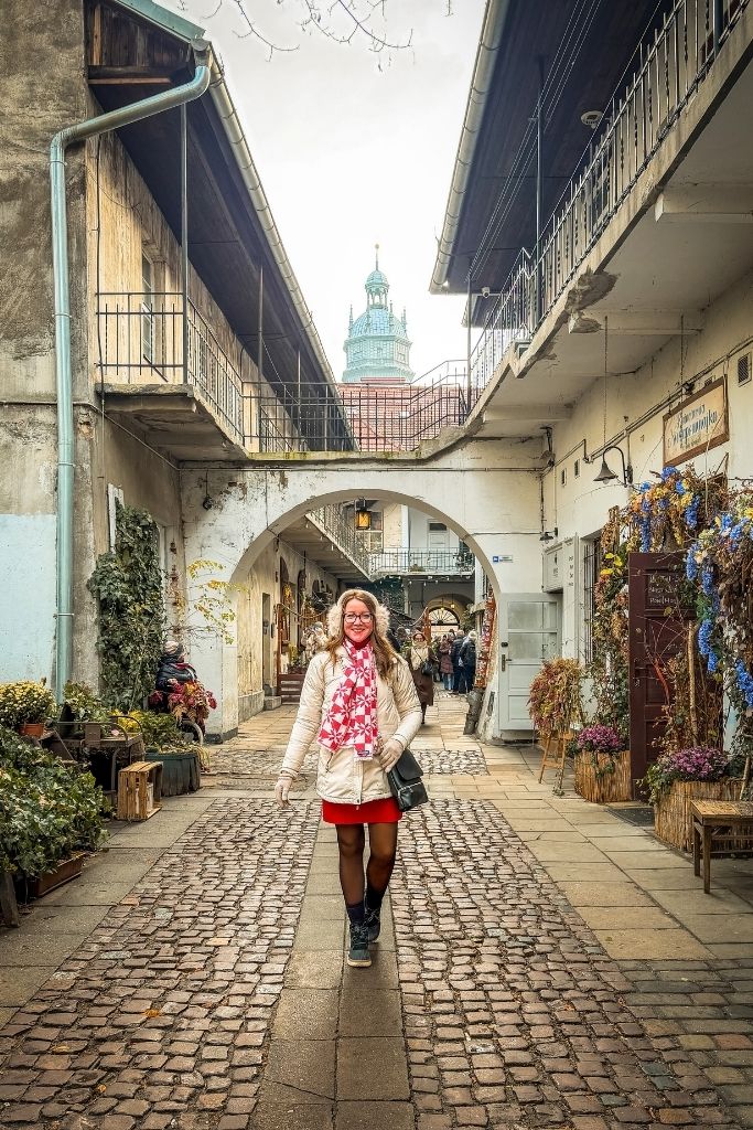 Kate exploring the historic Stare Jatki artisan lane in Wroclaw’s Old Town.