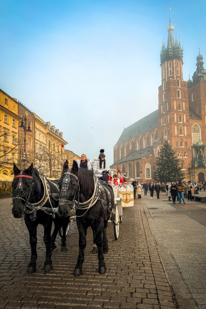 Horse-drawn carriage in Krakow’s Main Market Square with St. Mary’s Basilica and Christmas decorations in the background.